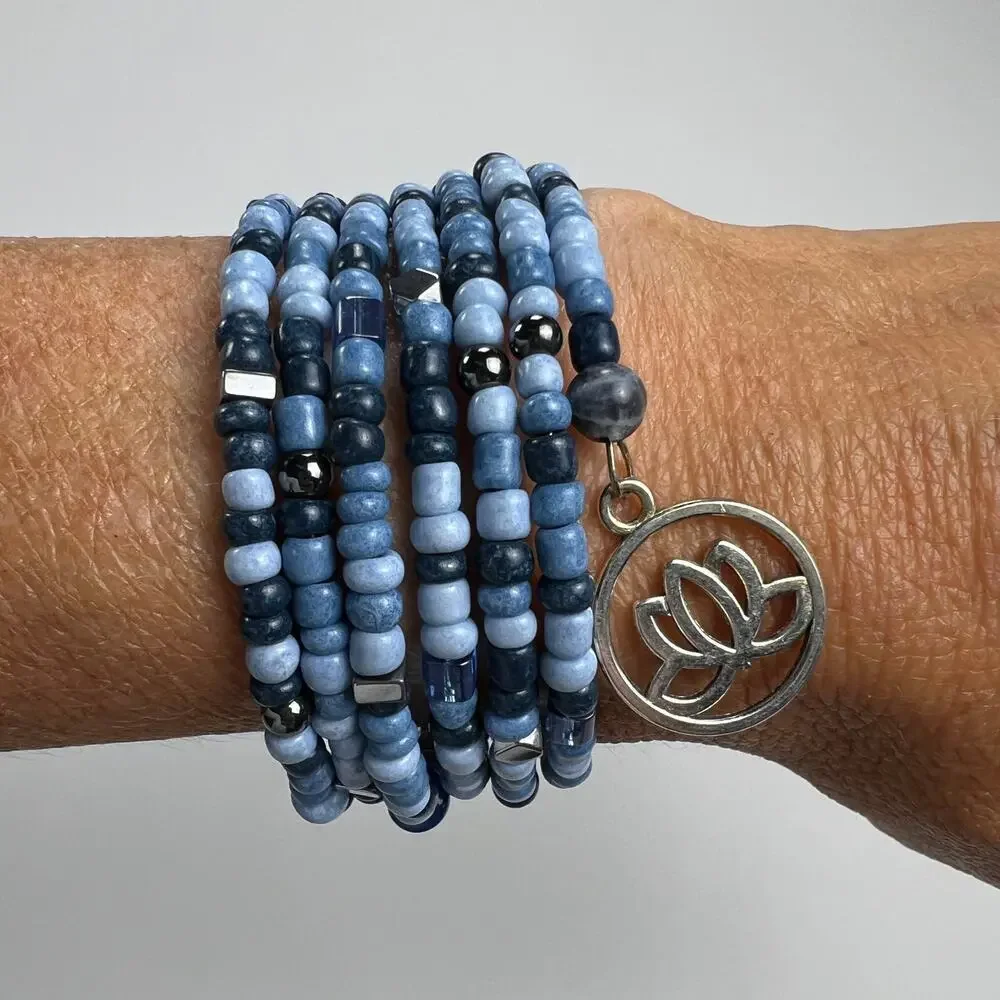 Hand Beaded Coil Bracelet Blue Tones Seed Beads Silver tone Charms